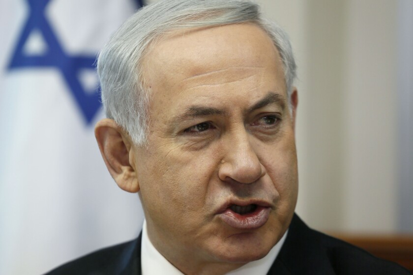 Israeli Prime Minister Benjamin Netanyahu chairs the weekly cabinet meeting in his office in Jerusalem.