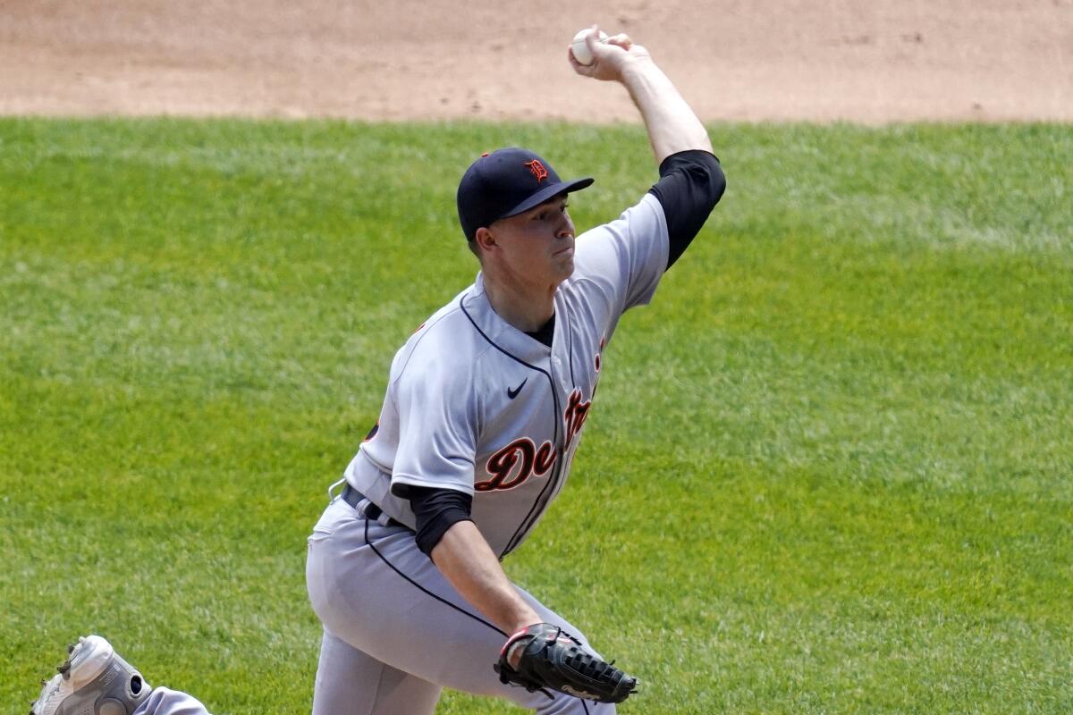 Detroit Tigers starting pitcher Tarik Skubal throws against the Chicago White Sox during the first inning of a baseball game in Chicago, Saturday, June 5, 2021. (AP Photo/Nam Y. Huh)