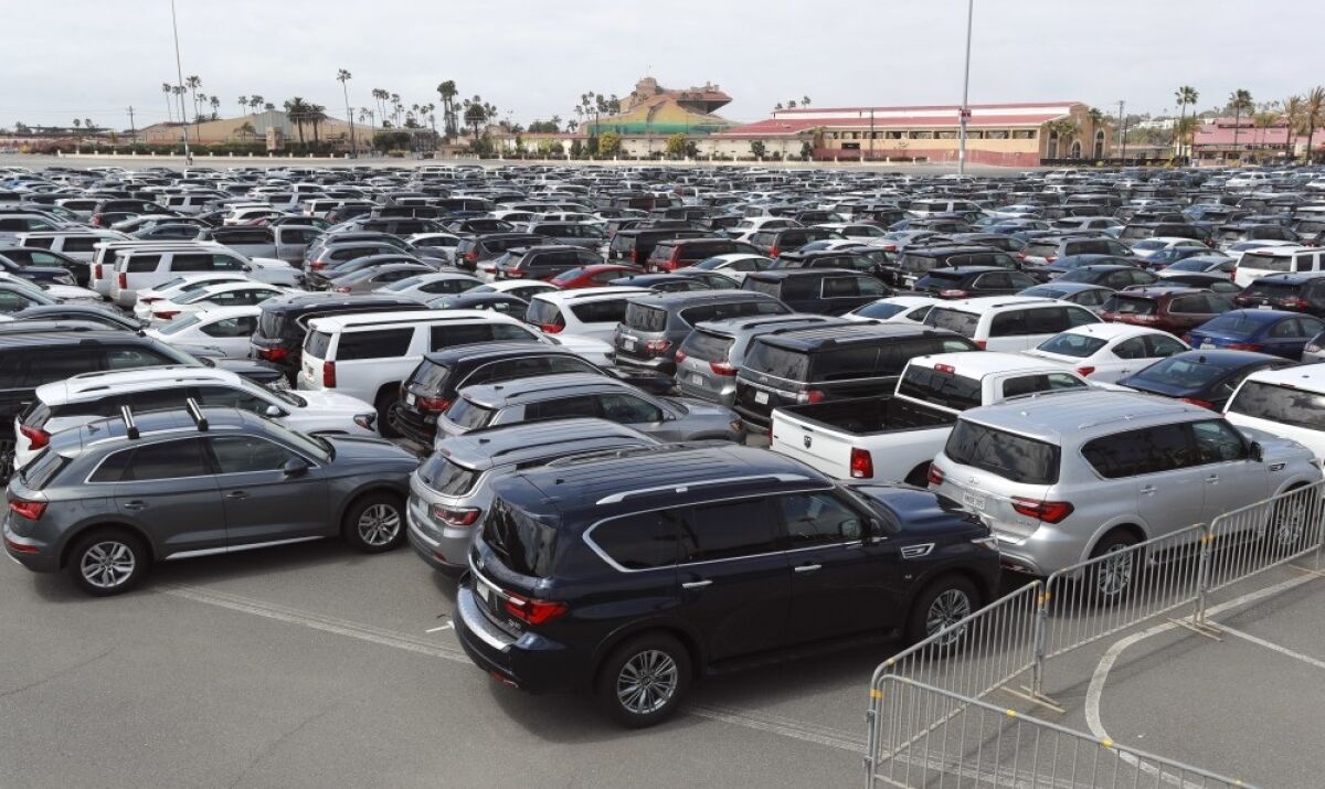 Rental cars companies are storing around 4,000 vehicles at the Del Mar Fairgrounds as pictured on Thursday, April 2, 2020.
