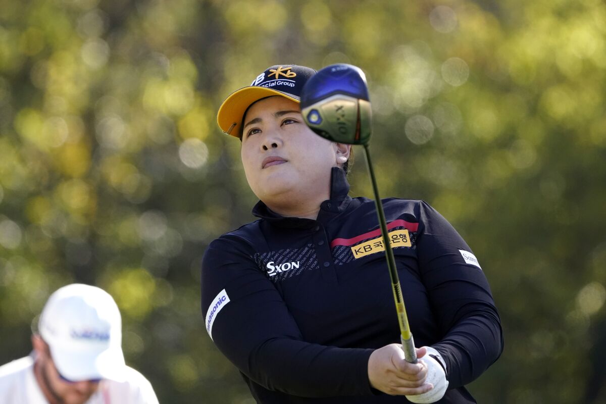 Inbee Park, of South Korea, watches her tee shot on the second hole during a practice round for the U.S. Women's Open golf tournament, Wednesday, Dec. 9, 2020, in Houston. (AP Photo/Eric Gay)
