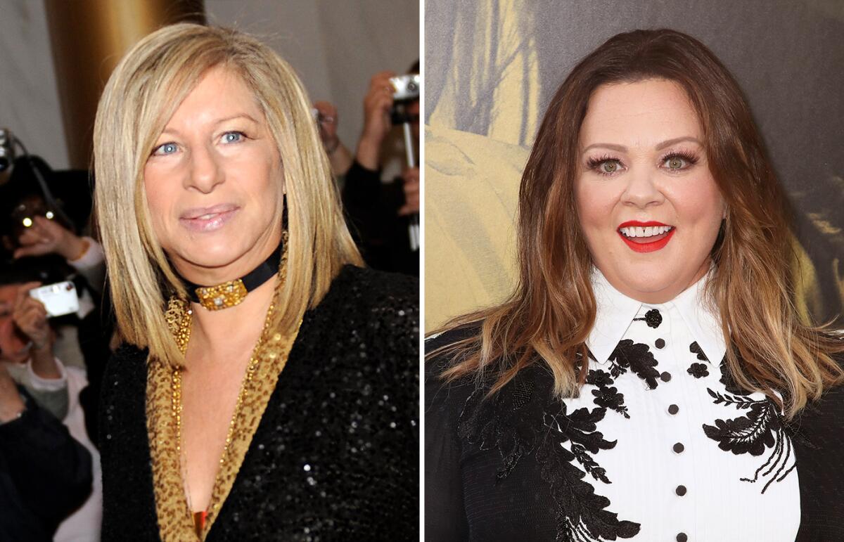 Barbra Streisand in a black, sparkly jacket and black choker. A photo of Melissa McCarthy in a black and white dressy top