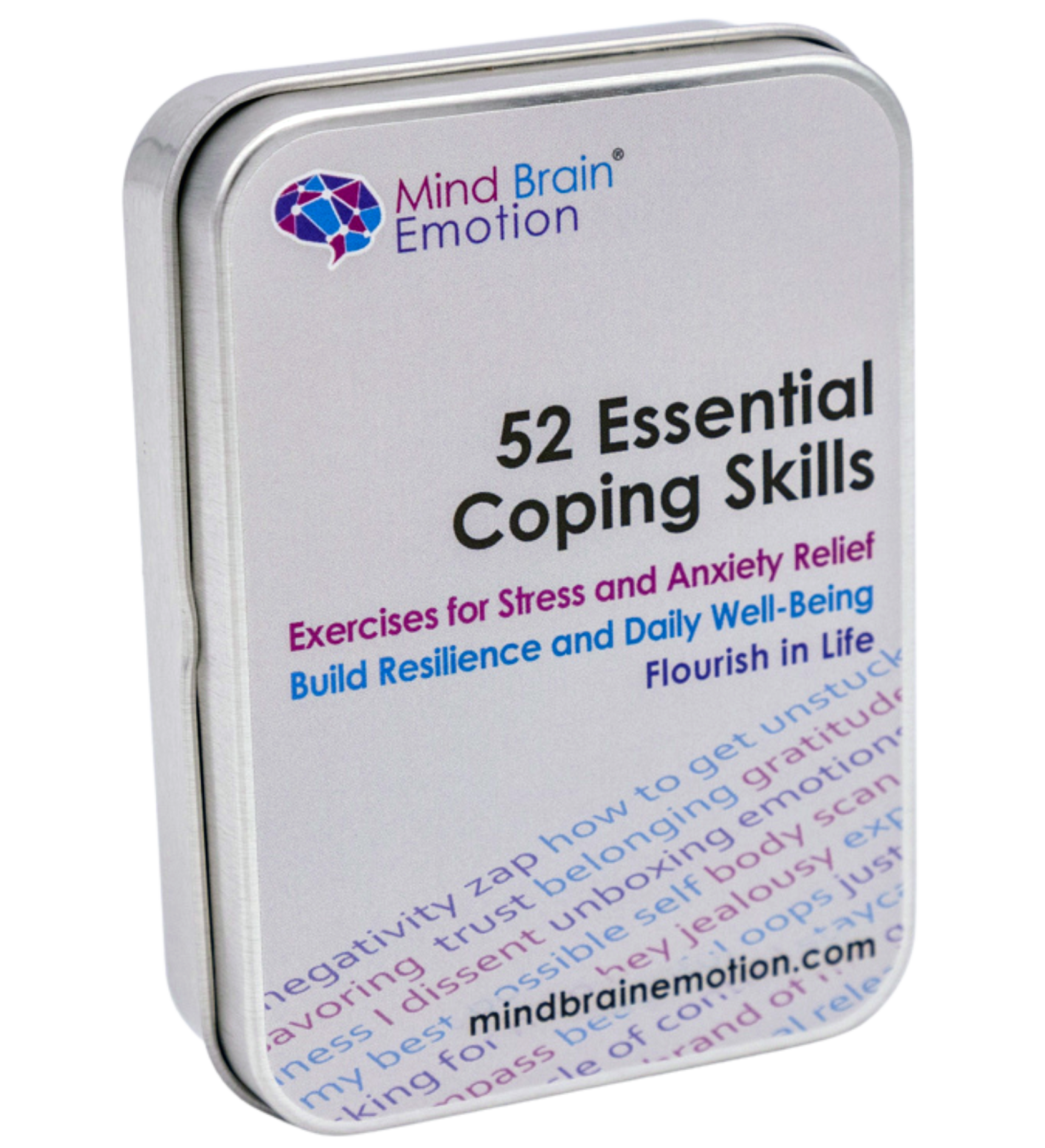 A tin contains Mind Brain Emotion’s 52 Essential Coping Skills cards