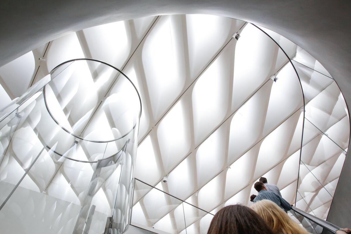 Light enters the honeycomb-shaped ceiling at the Broad