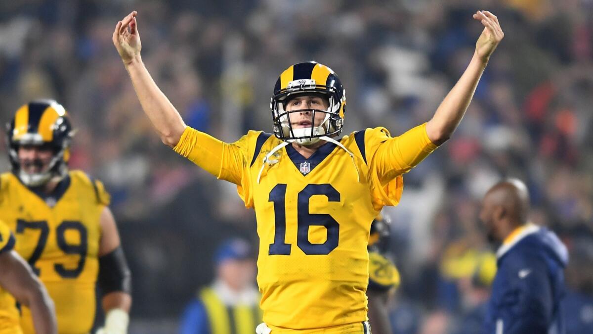Rams quarterback Jared Goff celebrates at the end of the game against the Chiefs at the Coliseum.