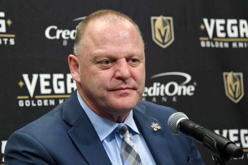 LAS VEGAS, NEVADA - APRIL 01: Head coach Gerard Gallant of the Vegas Golden Knights takes questions during a news conference following the team's 3-1 victory over the Edmonton Oilers at T-Mobile Arena on April 1, 2019 in Las Vegas, Nevada. (Photo by Ethan Miller/Getty Images)