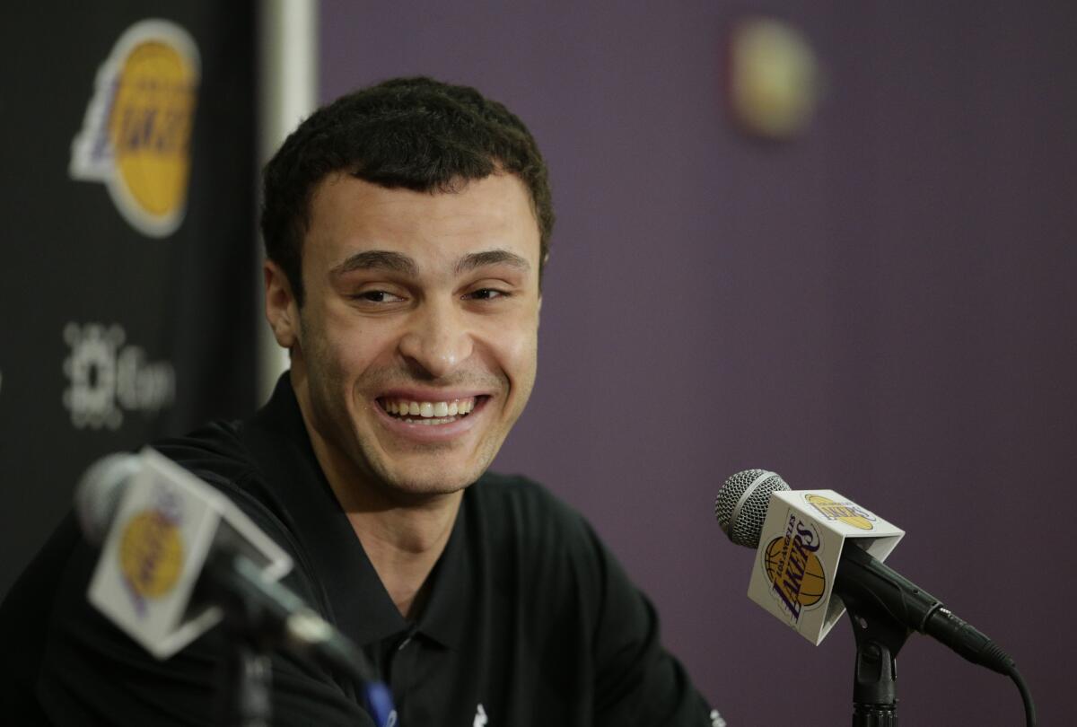 Los Angeles Lakers draft pick Larry Nance Jr. smiles during a news conference June 29.