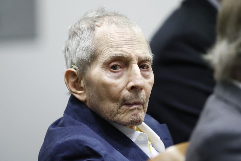 Mandatory Credit: Photo by ETIENNE LAURENT/POOL/EPA-EFE/Shutterstock (10574244ao) Robert Durst appears during the opening statements of his Trial at the Airport courthouse in Los Angeles, California, USA, 04 March 2020. Durst, who was the subject of an HBO documentary series called 'The Jinx: The Life and Deaths of Robert Durst', is accused of murdering his close friend Susan Berman in 2000. Trial People v Robert Durst - Opening Statements, Los Angeles, USA - 04 Mar 2020
