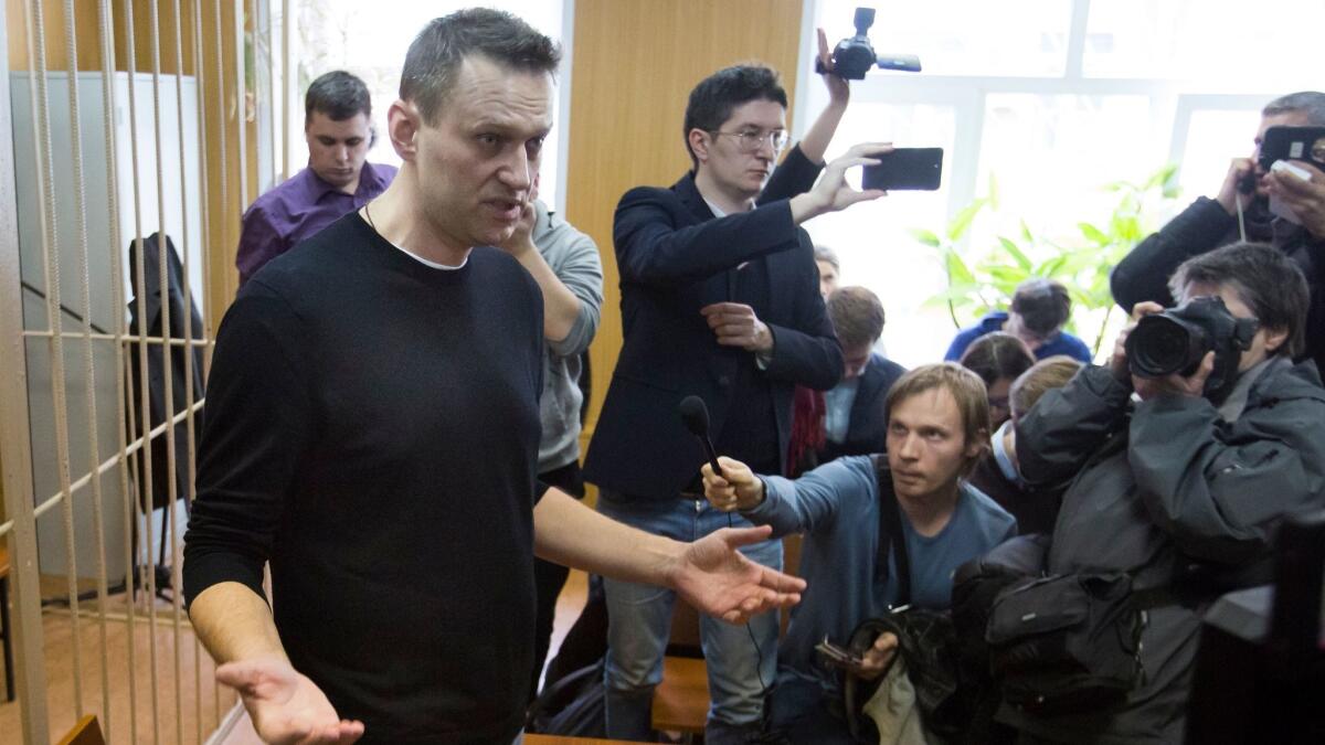 Russian opposition leader Alexei Navalny speaks in court in Moscow on March 27, 2017.