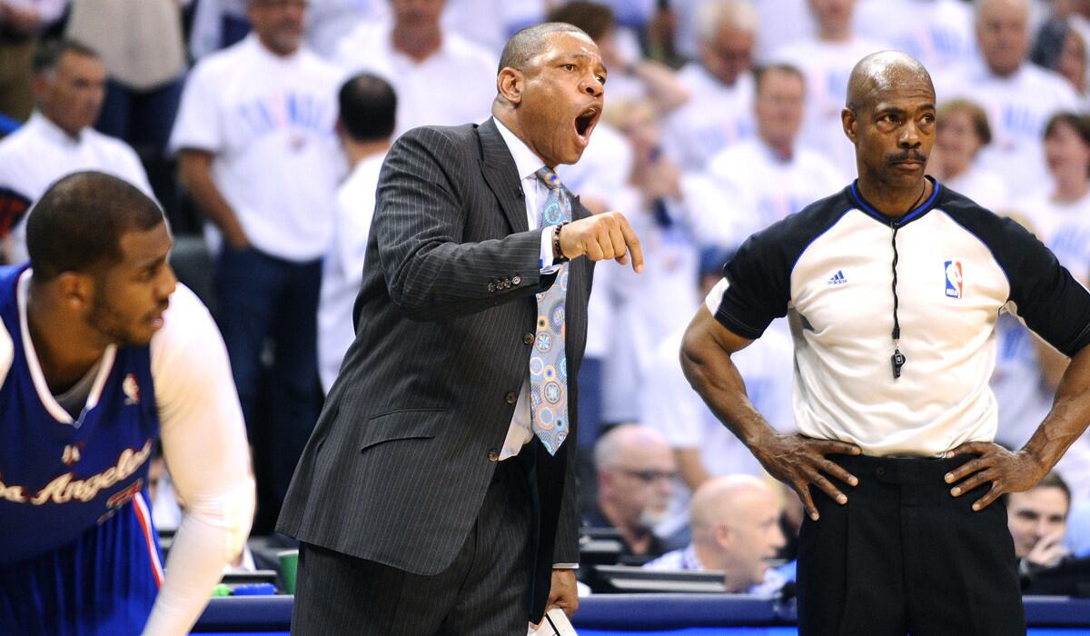 Clippers Coach Doc Rivers argues with a referee during Game 5 of the playoff series against the Thunder last spring.