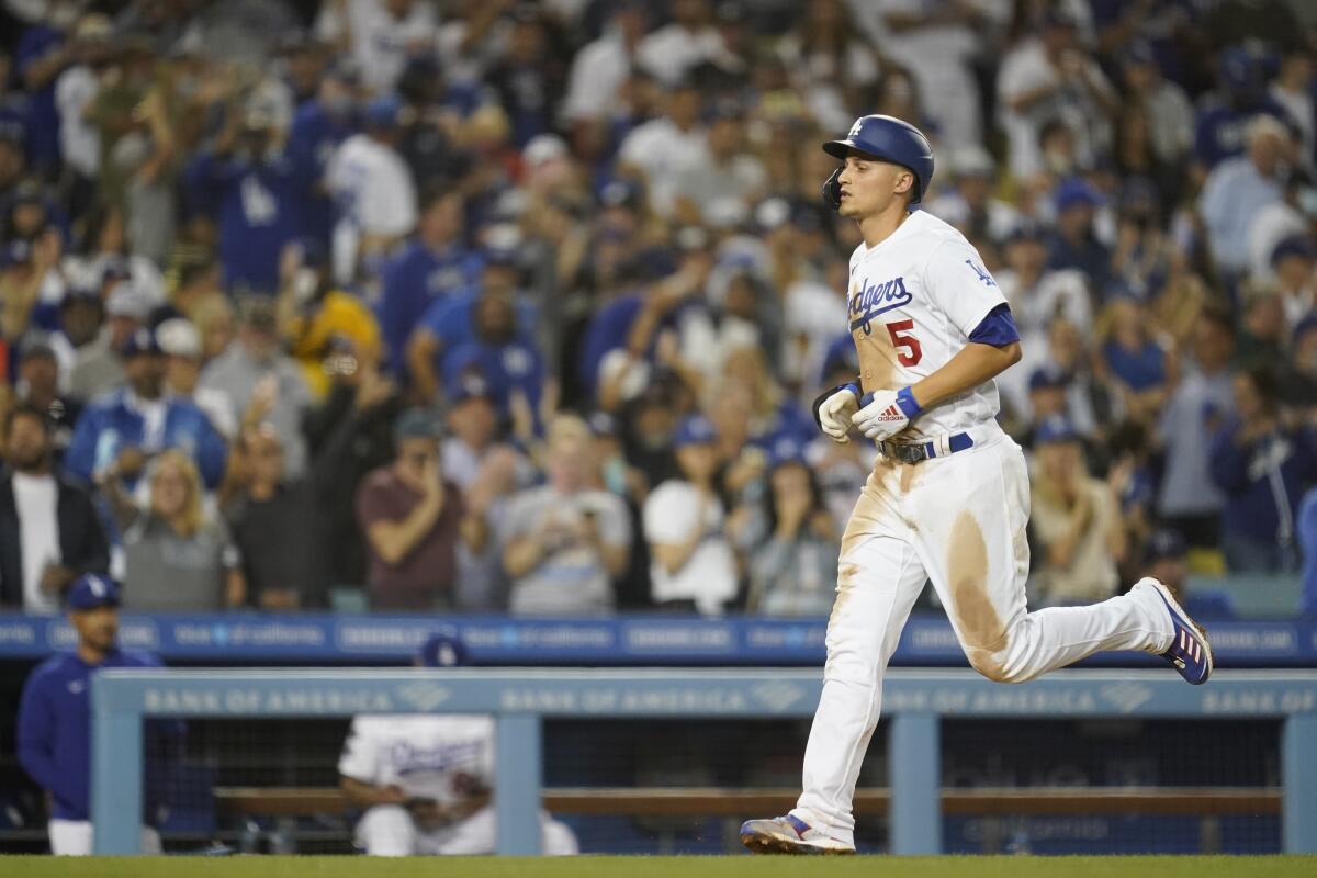 Los Angeles Dodgers' Corey Seager runs the bases after hitting 