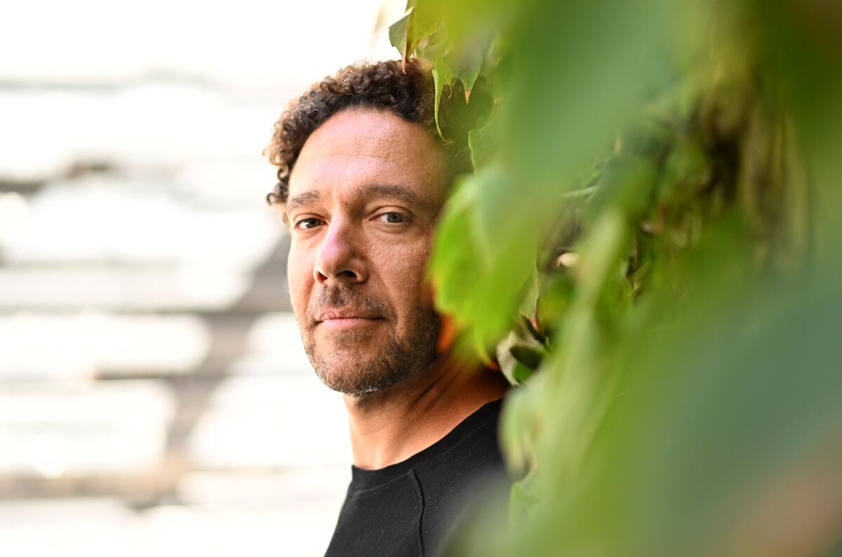 A man seen behind leaves of a tree