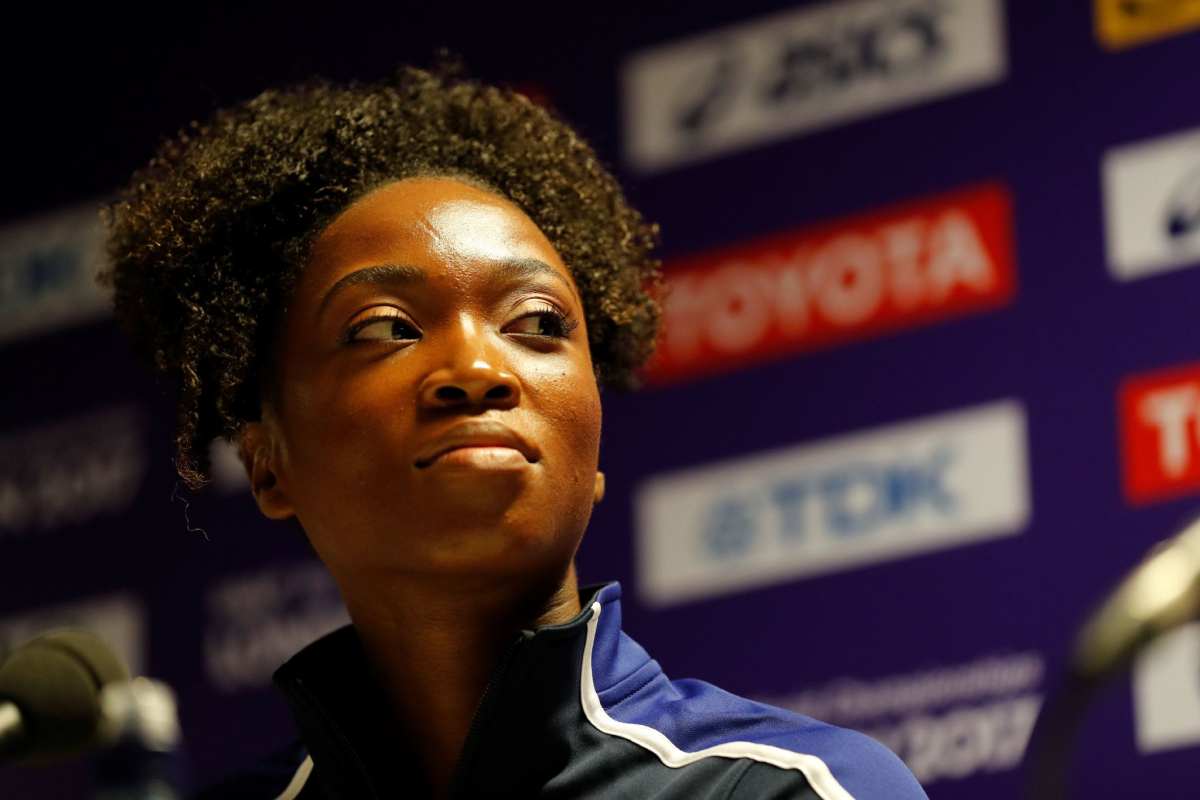 Tianna Bartoletta attends a news conference in London before the 2017 world track championships.