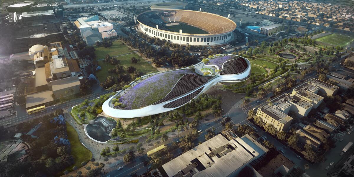 Bird's-eye view rendering of the Lucas Museum of Narrative Art.