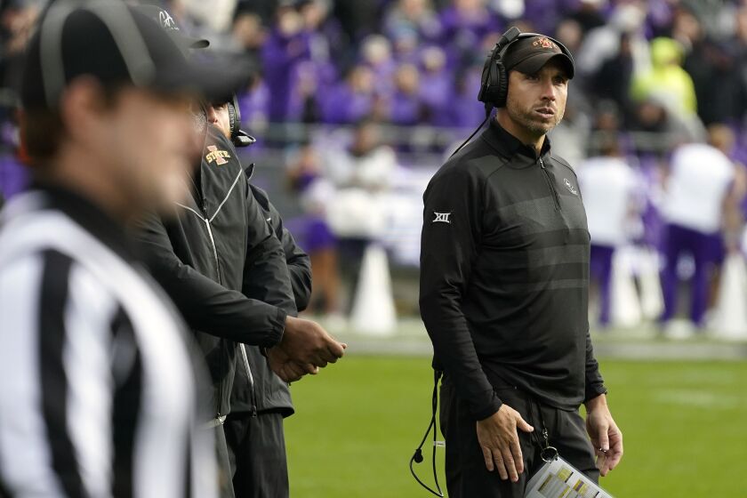 Iowa State head coach Matt Campbell looks on from the sidelines during the first half of an NCAA college football game against TCU in Fort Worth, Texas, Saturday, Nov. 26, 2022. (AP Photo/LM Otero)