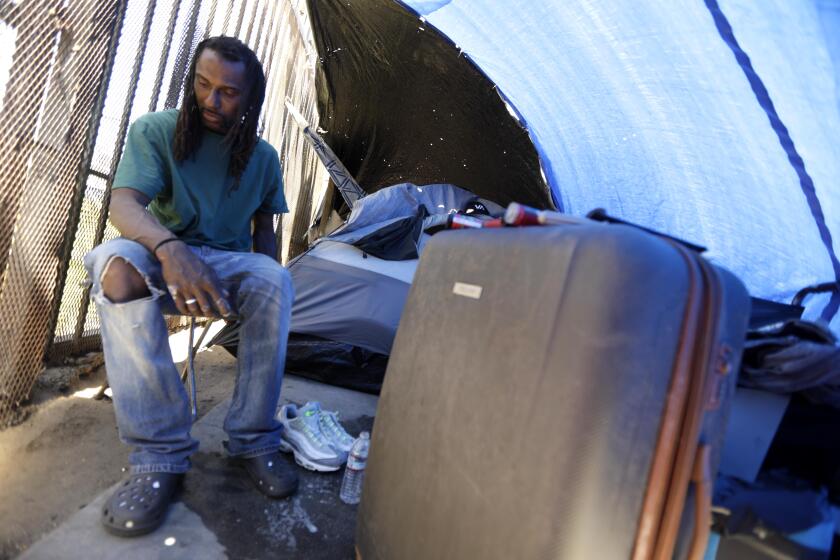 LOS ANGELES, CA - APRIL 6, 2023 - Wayne Cowings, Jr., rests in his tent in Skid Row on April 6, 2023. Cowings said that he uses drugs laced with fentanyl and has overdosed on many occasions. Just a few blocks away on Wednesday three deaths may be attributed to drug overdoses, possibly involving fentanyl, according to law enforcement who are still investigating the deaths in Skid Row. The bodies, one female adult and two male adults, were discovered inside 649 Lofts, a building that provides housing to underprivileged residents in the skid row area. (Genaro Molina / Los Angeles Times)