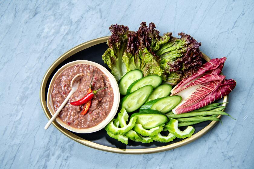 Lettuce leaves, bitter melon, cucumber and green beans are nice for dipping in this nam prik goong recipe by Jazz Singsanong of Jitlada.