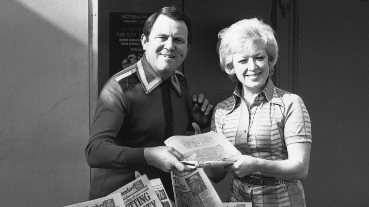 Terry Scott and June Whitfield, famous as a married couple in television comedy 'Terry And June', seen here teaming up for a new farce at London's Victoria Palace called 'A Bedful of Foreigners'.