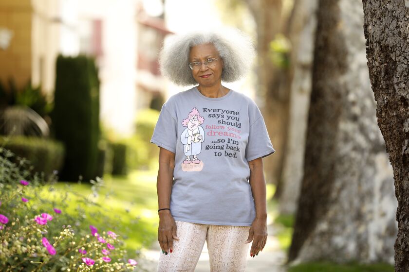 LOS ANGELES-CA-MAY 7, 2020: Jacquelyn Temple, 72, is photographed outside her home in Leimert Park on Thursday, May 7, 2020. (Christina House / Los Angeles Times)