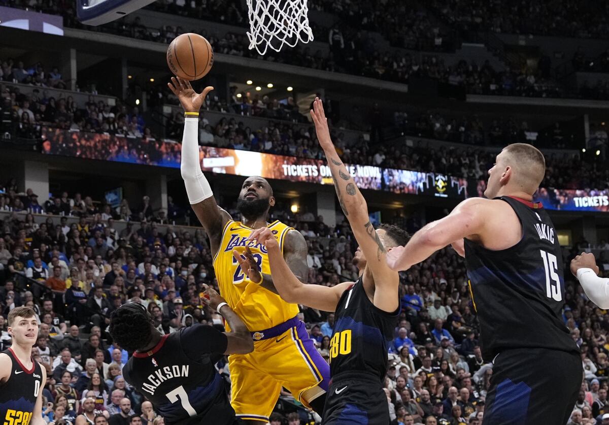 Lakers star LeBron James puts up a shot