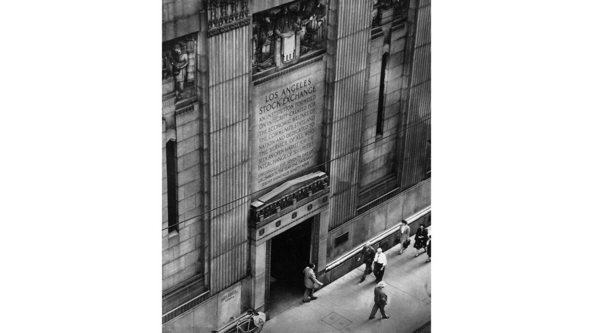 Oct. 23, 1950: Exterior of Los Angeles Stock Exchange building on Spring Street. This photo was published in the Jan. 2, 1951, Los Angeles Times.