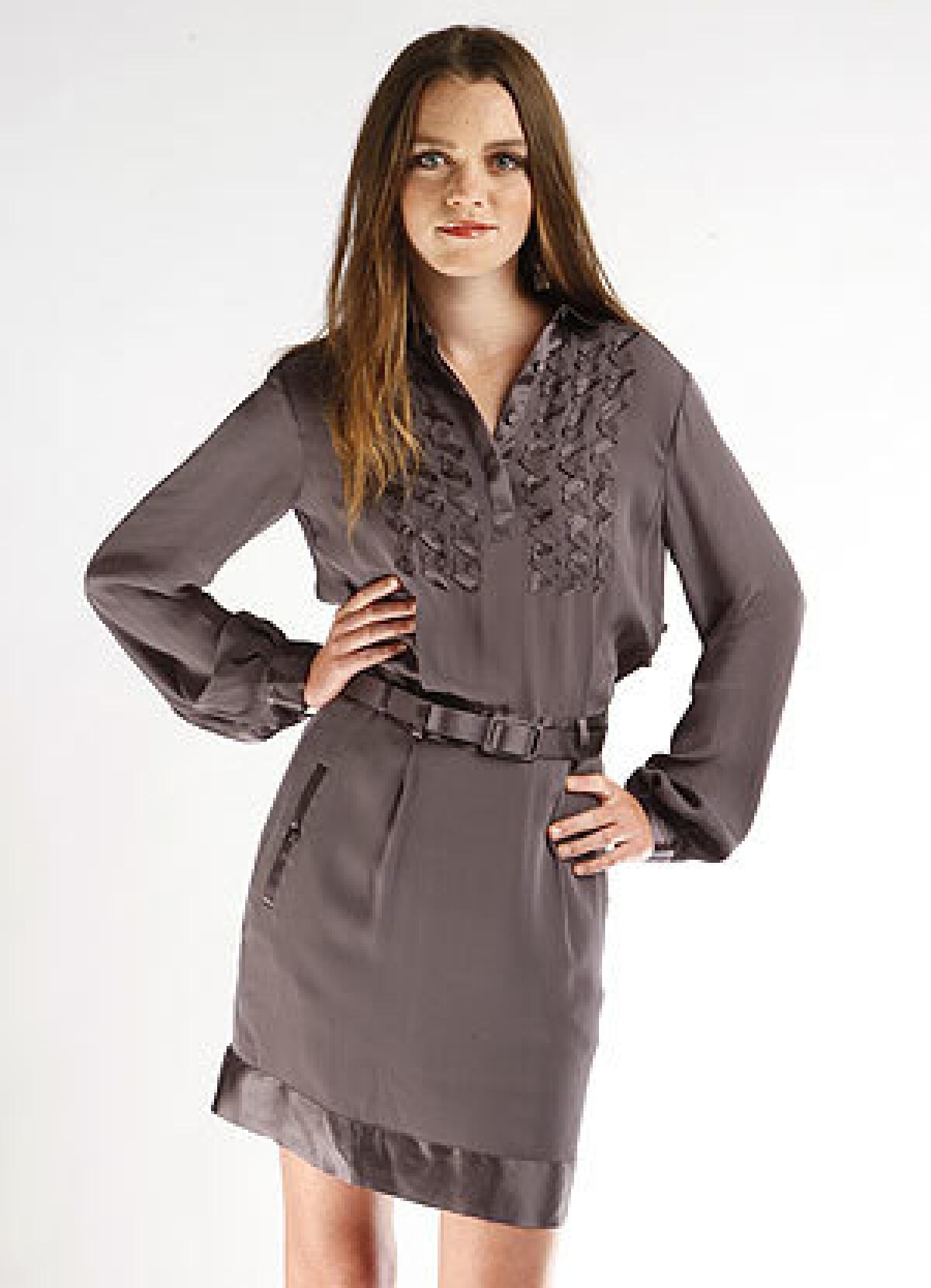 A pewter ruffle-front silk shirtdress.