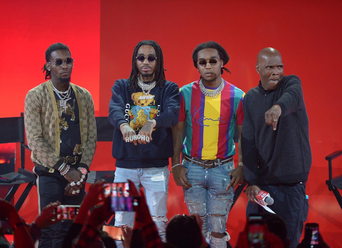 Quavo, Takeoff, de Migos y Big Boy en el escenario de iHeartRadio album release party.