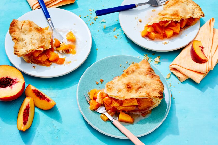 LOS ANGELES - THURSDAY, July 25, 2019: Peach Pie with Duck Fat Crust. Food Stylist by Genevieve Ko / Julie Giuffrida and propped by Nidia Cueva at Proplink Tabletop Studio in downtown Los Angeles on Thursday, July 25, 2019. (Leslie Grow / For the Times)
