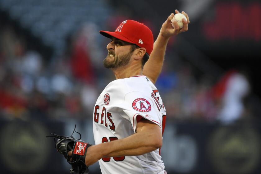 Los Angeles Angels staring pitcher Nick Tropeano throws to the plate during the first inning of a baseball game against the Baltimore Orioles, Friday, July 26, 2019, in Anaheim, Calif. (AP Photo/Mark J. Terrill)