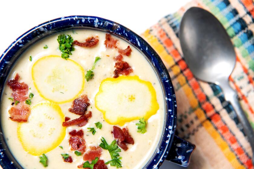 Summer squash chowder makes an ideal soup to serve at outdoor picnics or barbecues. Prop styling by Nidia Cueva.