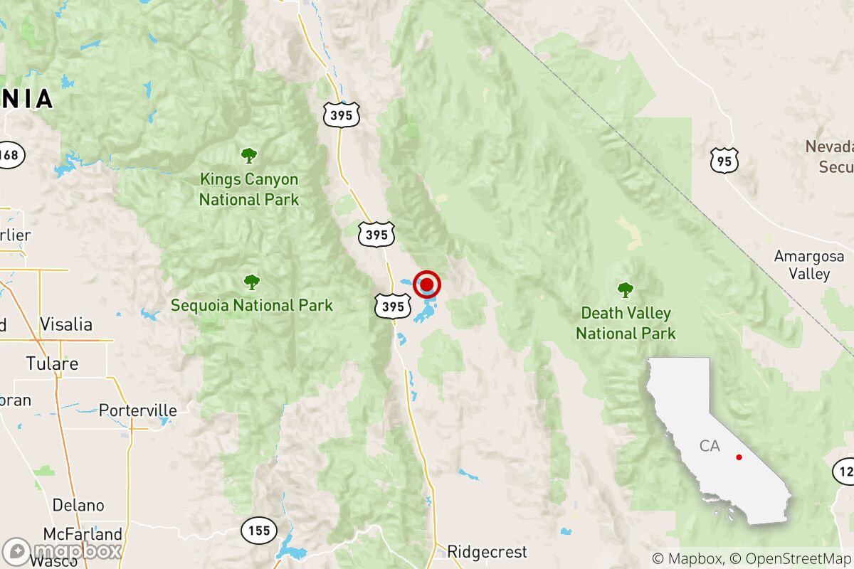 Map showing the epicenter of a magnitude 3.4 quake reported 58 miles from Ridgecrest, Calif., early Saturday.