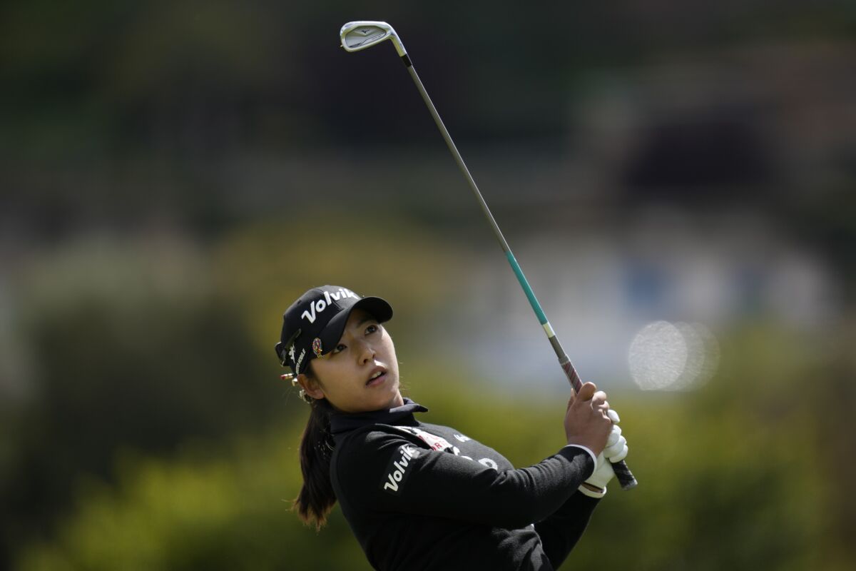Mi Hyang Lee tees off at the 17th hole during the first round of LPGA's DIO Implant LA Open golf tournament on Thursday, March 30, 2023, in Palos Verdes Estates, Calif. (AP Photo/Ashley Landis)