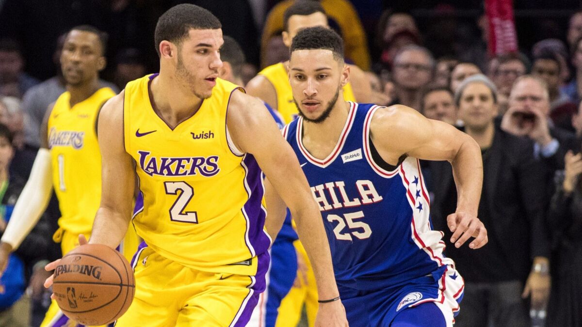 Lonzo Ball made five of 11 shots for 10 points to go with eight assists, eight rebounds, four blocks and three steals Thursday night against Ben Simmons and the 76ers.