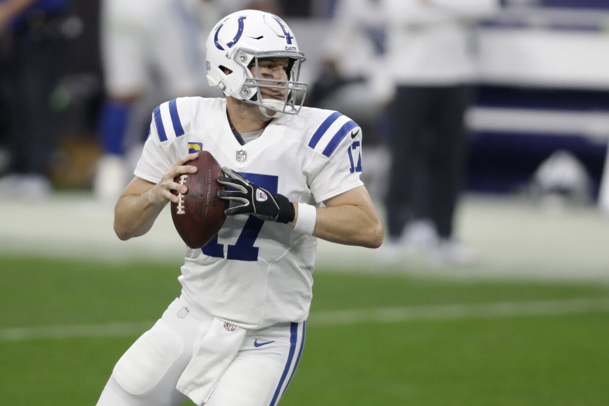 Indianapolis Colts quarterback Philip Rivers looks to pass against the Las Vegas Raiders on Sunday.