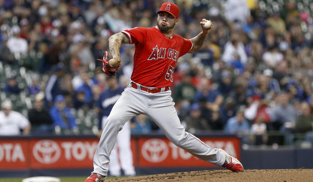 Angels pitcher Hector Santiago pitches in the second inning against the Milwaukee Brewers on Wednesday.