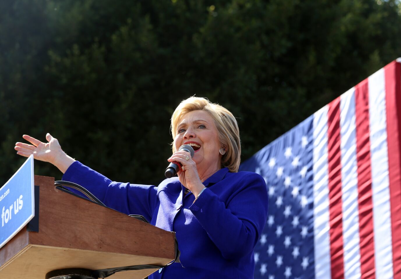 Democratic presidential candidate Hillary Clinton addresses supporters in the Los Angeles neighborhood of Leimert Park.