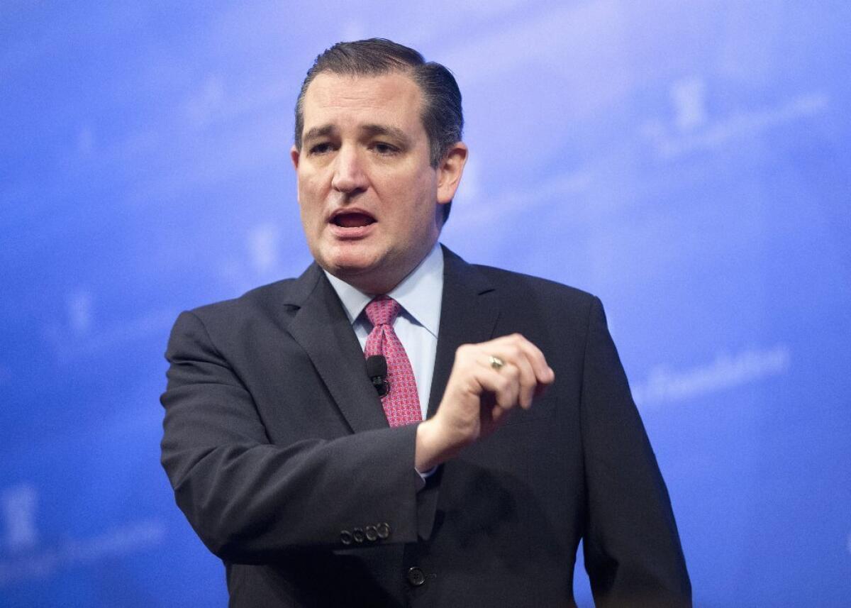 Republican presidential candidate Sen. Ted Cruz (R-Texas) speaks at the Heritage Foundation in Washington last week. He leads by a wider margin in a new poll in Iowa.