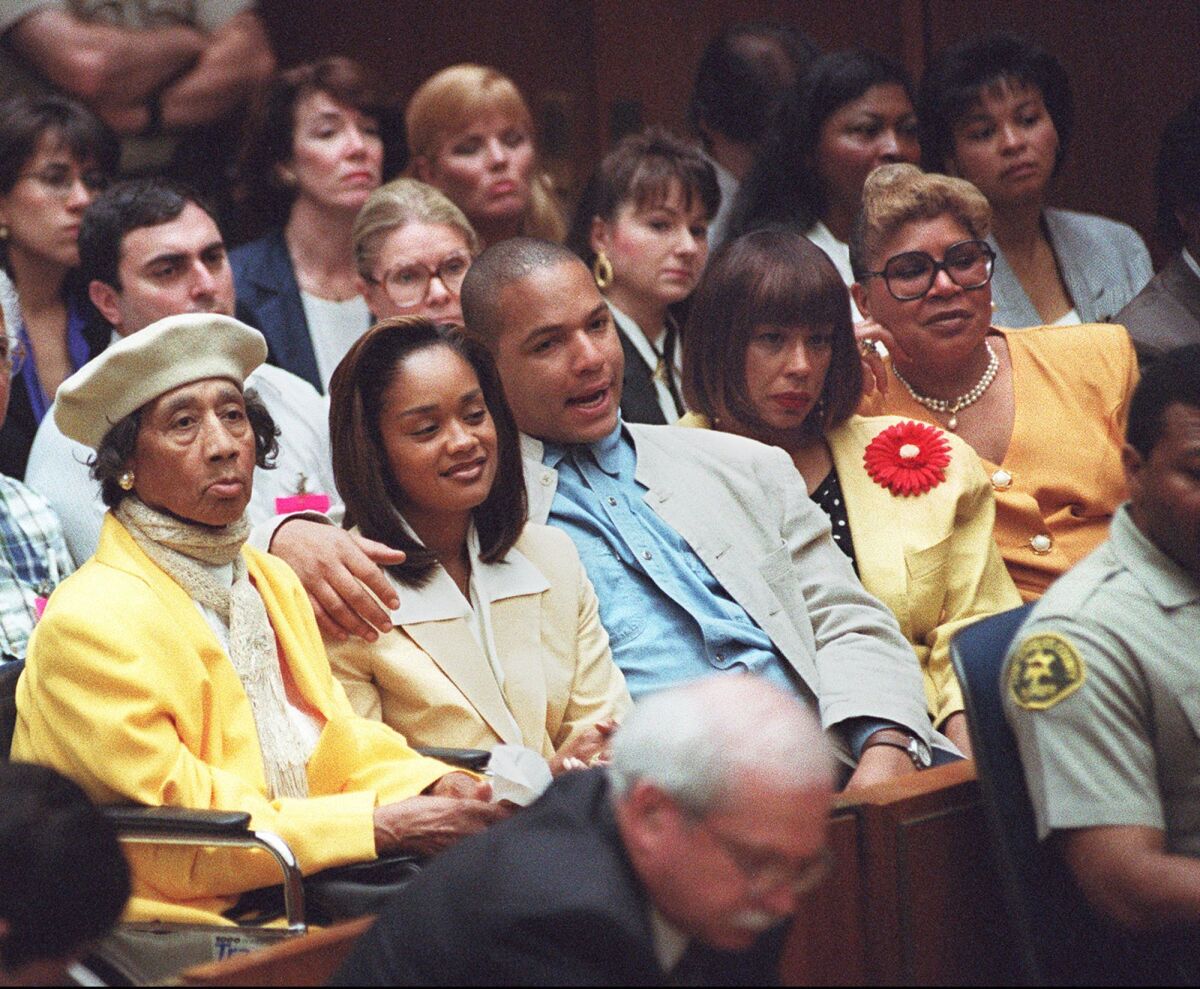 From left: O.J. Simpson's mother, Eunice, daughter Arnelle, son Jason, ex–wife Marguerite Simpson Thomas and sister Carmelita Durio, on July 10, 1995. (Rick Meyer / Associated Press)