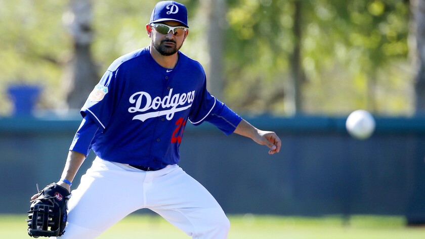 Dodgers first baseman Adrian Gonzalez watches a line drive head his direction during a spring training workout on Friday.