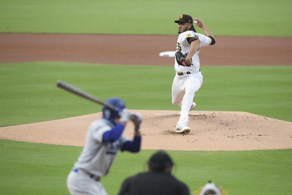 San Diego Padres pitcher Dinelson Lamet delivers against the Dodgers on Sept. 14.