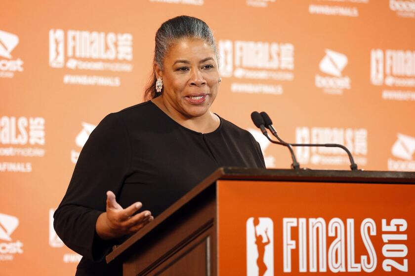 WNBA president Laurel J. Richie speaks prior to Game 2 of the WNBA basketball finals on Oct. 6.