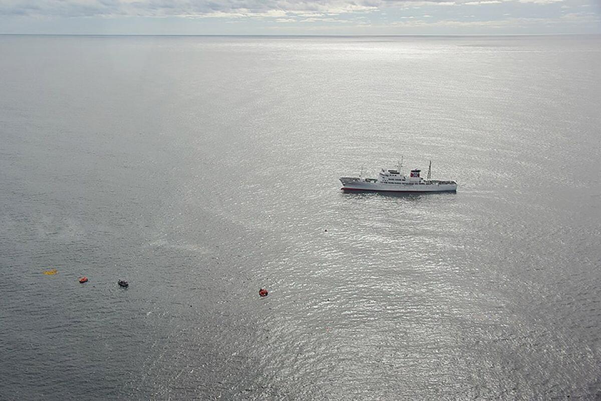 A patrol vessel from the Japanese Fisheries Agency remains at the site of its collision with a North Korean fishing boat on Monday in an area known as Yamatotai, off the northwestern coast of the Noto Peninsula. Officials said the Japanese patrol ship had no major damage and was able to move on its own.