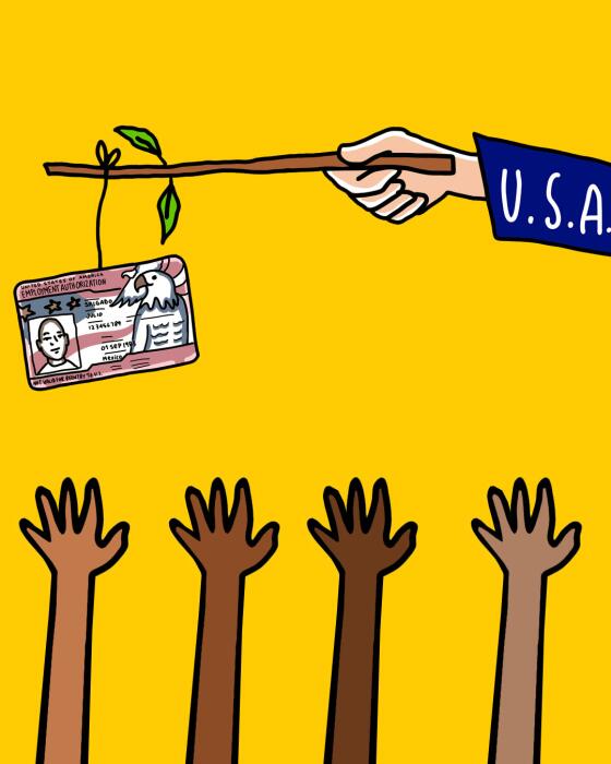 Illustration of hands reaching up to a ID card 