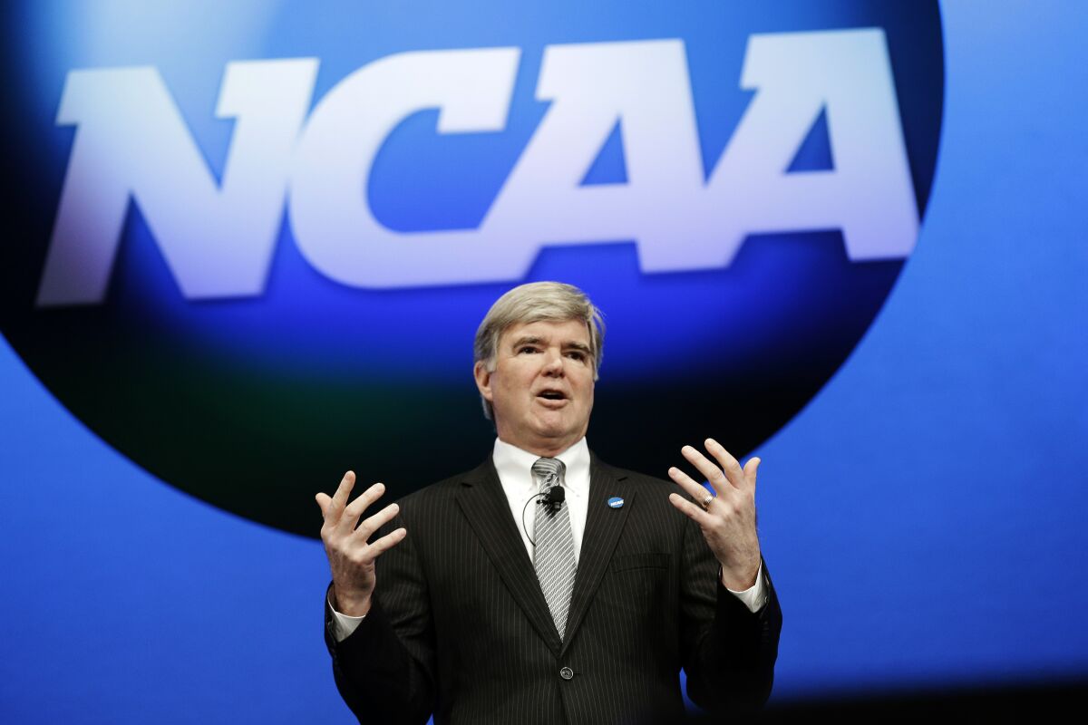 FILE - In this Jan. 17, 2013, file photo, NCAA President Mark Emmert speaks at the organization's annual convention in Grapevine, Texas. Emmert is now the second-longest tenured leader in the long history of the NCAA. Over 11 years, he has guided the NCAA through a period of unprecedented change amid relentless criticism. (AP Photo/LM Otero, File)
