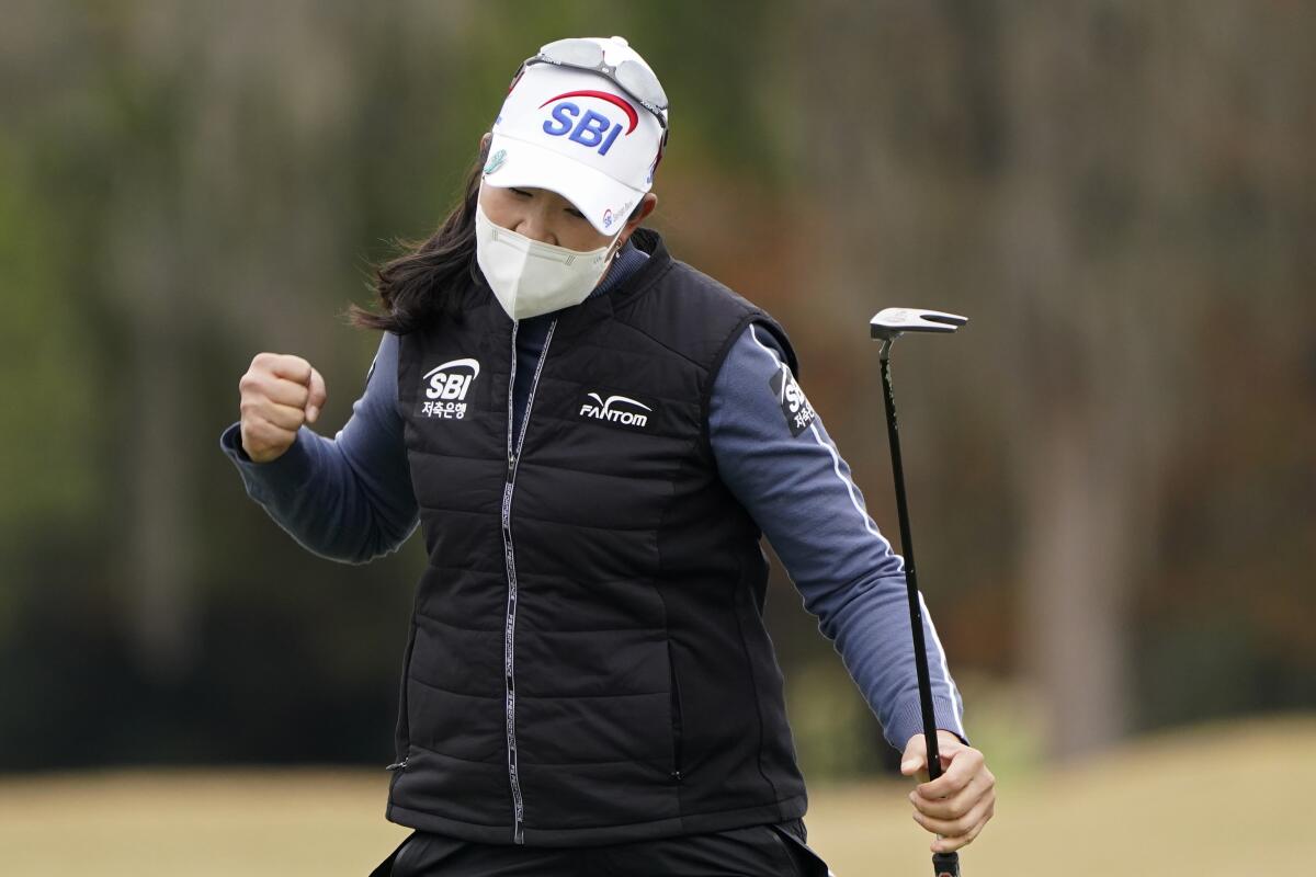 A Lim Kim reacts after making a birdie on the 18th hole during the final round of the U.S. Women's Open on Monday.