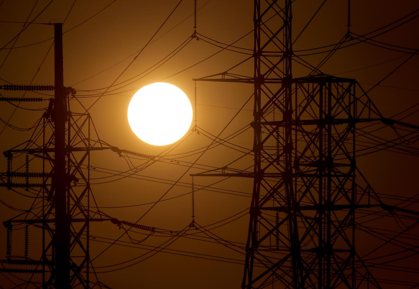 A blazing sun silhouettes power lines in Long Beach.