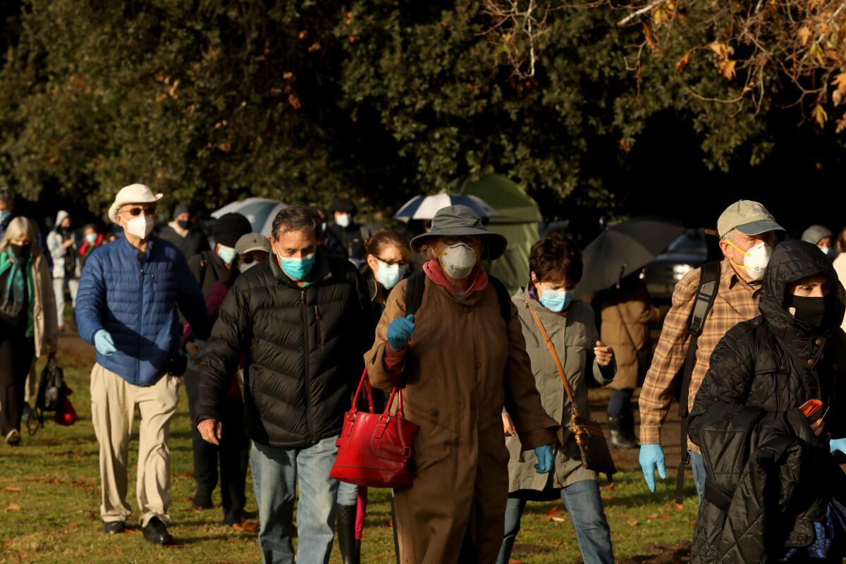 A group of people with face masks on walk through a park