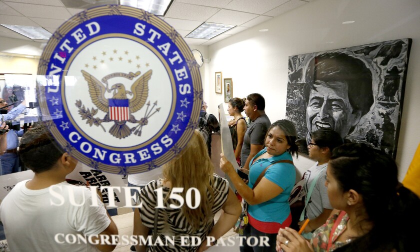 Protesters pleaded with Rep. Ed Pastor's staffers in Phoenix, Ariz. on July 24 to meet with them regarding the detention of the "Dream 9" arrested at the United States-Mexico border. The so-called "Dream 9" have since been released and on Tuesday, federal officials agreed to allow their cases to go before an immigration judge, who will decide whether they should be granted asylum.
