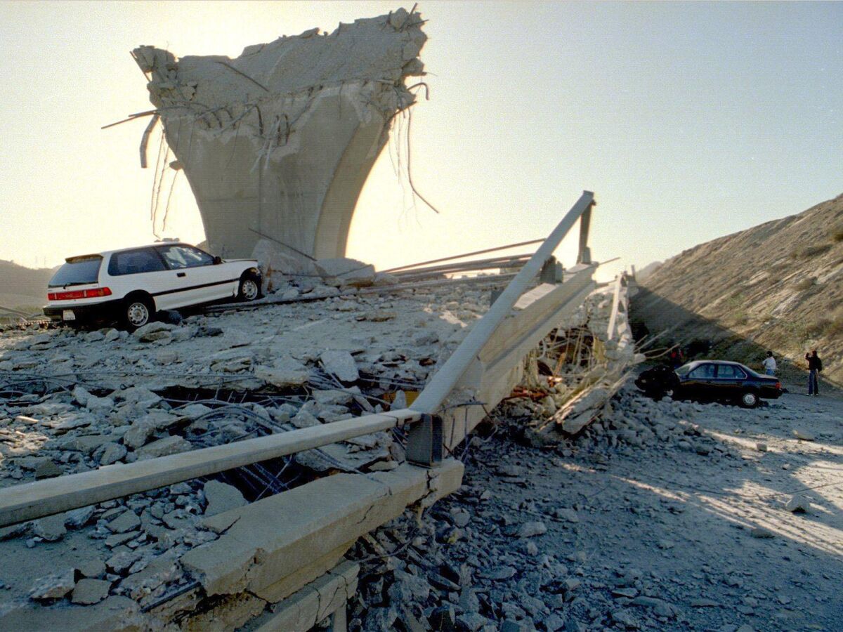 Only rubble remains at the junction of the 5 and 14 freeways following the 1994 Northridge earthquake.