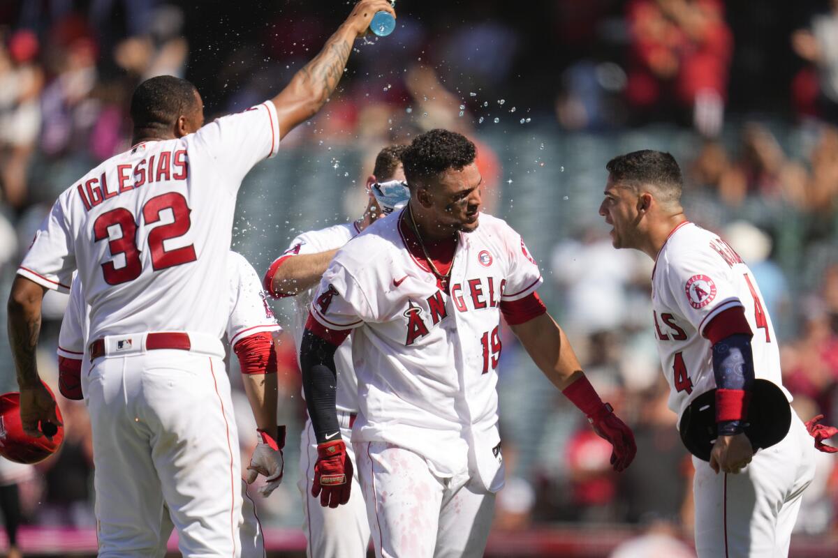 Juan Lagares hit a walk-off double to lift the Angels past the Orioles. (AP Photo/Ashley Landis)