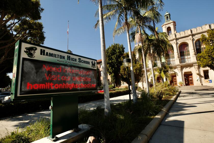 LOS ANGELES CA OCTOBER 26, 2021 - Exterior of Hamilton High School, where there is a report of a possible sexual assault in the boy's bathroom that has prompted an ongoing investigation Tuesday. Although the Los Angeles Police Department has not confirmed any details about the incident, there are anonymous reports it involved a sexual assault that occurred last week, at the school located at 2955 S. Robertson Blvd. in the Palms neighborhood. (Al Seib / Los Angeles Times)